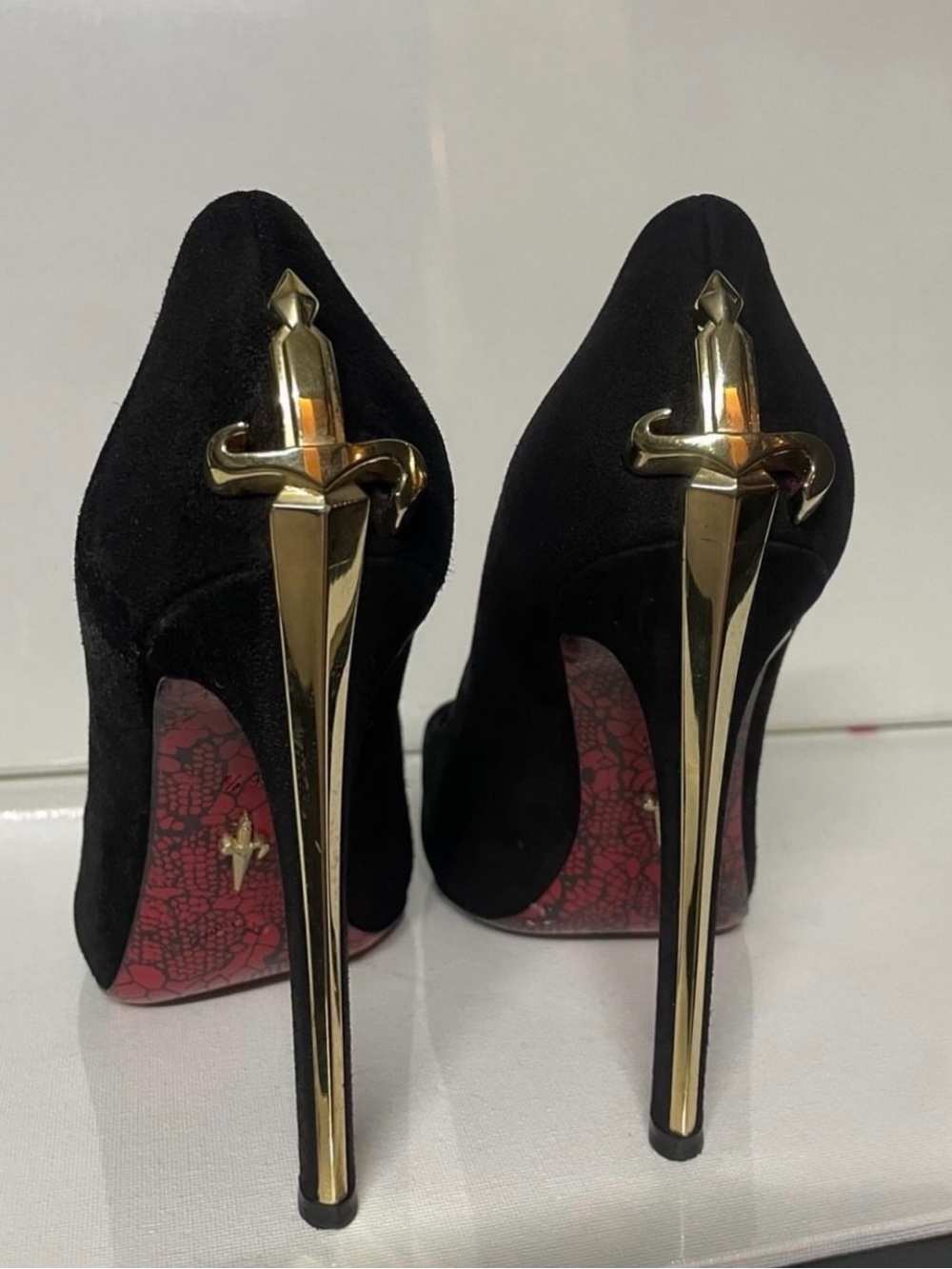 Cesare Paciotti Black Suede Gold Dagger Heels